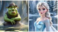 Ilustrasi Shrek dan Elsa. (Foto: Meta AI)