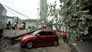 Petugas menyaksikan pohon tumbang yang menimpa dua mobil yang tengah terparkir di sebelah Pos Polisi Bundaran HI, Jakarta, Selasa (15/12). Tak ada korban jiwa akibat tumbangnya pohon yang disebabkan angin kencang tersebut. (Liputan6.com/Faizal Fanani)