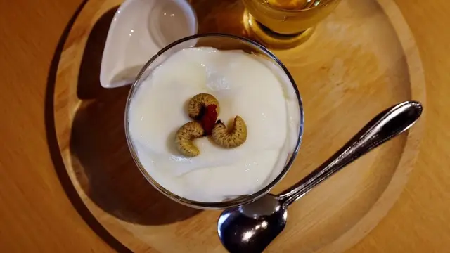 Tahu almond dengan larva kumbang