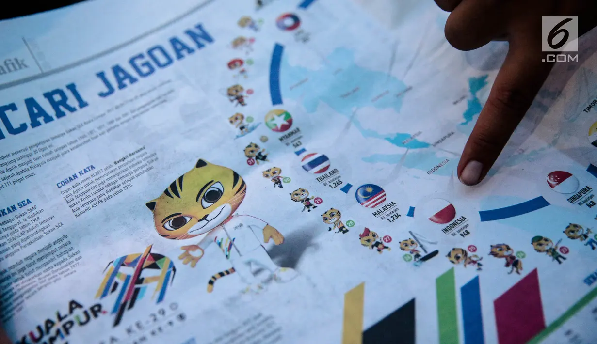 Surat kabar Malaysia, Metro Ahad, menampilkan infografis terkait 11 negara peserta SEA Games 2017 di Kuala Lumpur, Minggu (20/8). Bendera Indonesia pada artikel tersebut tampak terbalik, menyerupai bendera Polandia. (Liputan6.com/Faizal Fanani)