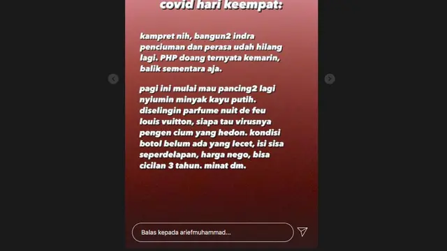 Hari Keempat Covid-19, Arief Muhammad Hilang Indra Penciuman dan Perasa Hingga Kesulitan Tidur. (instagram.com/ariefmuhammad)