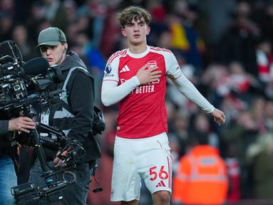 Wonderkid Arsenal, Max Dowman mengukir sejarah usai mencetak satu gol dalam kemenangan 2-0 atas Everton dalam lanjutan Premier League 2025/2026 di Emirates Stadium, Minggu (15/3/2026) dini hari WIB. (AP Photo/Kin Cheung)