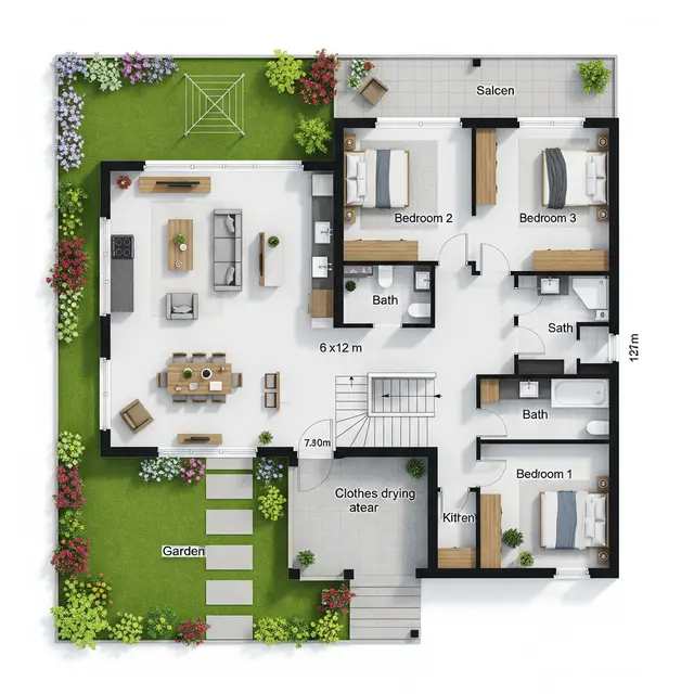 Denah Rumah Sederhana 6x12 3 Kamar.