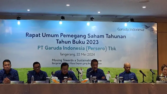 Rapat Umum Pemegang Saham (RUPS) Tahunan 2024, PT Garuda Indonesia (Persero) Tbk  digelar pada Rabu (22/5/02024). Dalam RUPS ini terapat perombakan jajaran komisaris hingga direksi. (Pramita/Liputan6.com)
