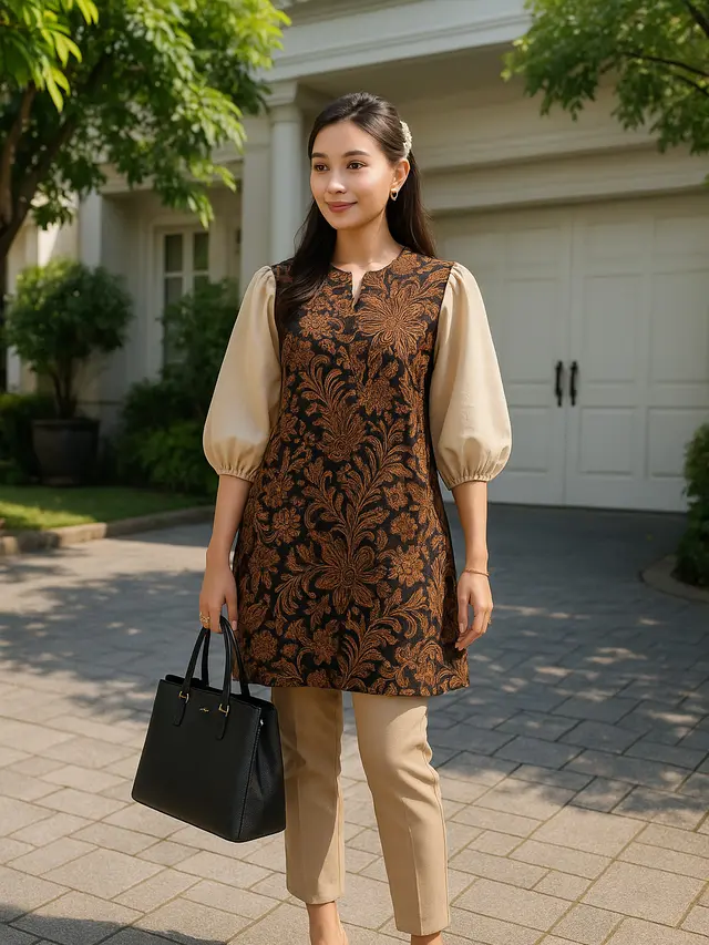 Tunik Batik Lengan Balon Kerut