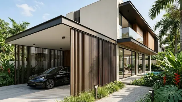 Carport dengan Panel Kisi-Kisi Vertikal