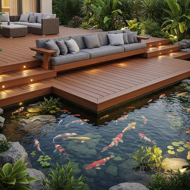 Kolam Ikan dengan Dek Kayu Pelindung dan Bangku Santai (Gemini AI)