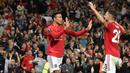 Striker Manchester United, Mason Greenwood, merayakan gol yang dicetaknya ke gawang Astana pada laga Europa League di Stadion Old Trafford, Manchester, Kamis (19/9). MU menang 1-0 atas Astana. (AFP/Oli Scarff)