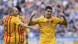 Penyerang Barcelona, Luis Suarez, mencetak 4 gol dan 3 assist saat mengalahkan Deportivo La Coruna pada lanjutan La Liga di Stadion Riazor, La Coruna, Kamis (21/4/2016) dini hari WIB. (Reuters/Miguel Vidal)