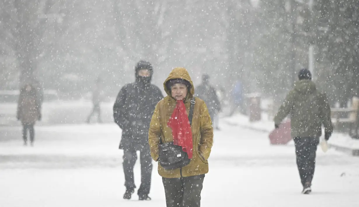 Seorang wanita berjalan saat salju turun di sebuah taman di Beijing (16/12/2019). Di sebagian besar wilayah kota, curah hujan rata-rata diperkirakan mencapai 5 hingga 8 milimeter. Angka itu bisa melebihi 10 mm, mencapai tingkat badai salju, di daerah tertentu di Beijing utara. (AFP Photo/Wang Zhao)