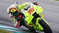 Pembalap Pertamina Enduro VR46 Racing Team, Marco Bezzecchi mengendarai motornya saat tes pramusim MotoGP 2024 di Sepang International Circuit, Sepang, Malaysia, Kamis (07/02/2024). (AFP/Mohd Rasfan)