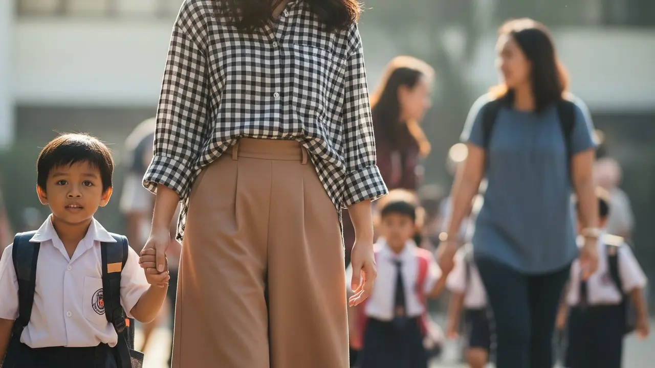 Outfit Ibu Antar Anak Sekolah. Foto: Gemini