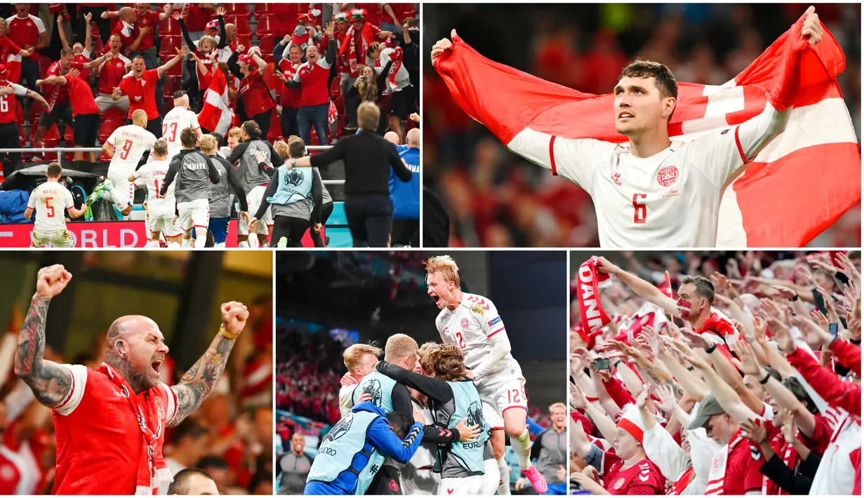 Pemain dan suporter Timnas Denmark tampak bersuka cita usai dipastikan lolos ke babak 16 besar Euro 2020. Mereka tampak meledak-ledak merayakan keberhasilan tersebut. Denmark finis sebagai runner-up Grup B mendampingi Belgia yang keluar sebagai juara grup.