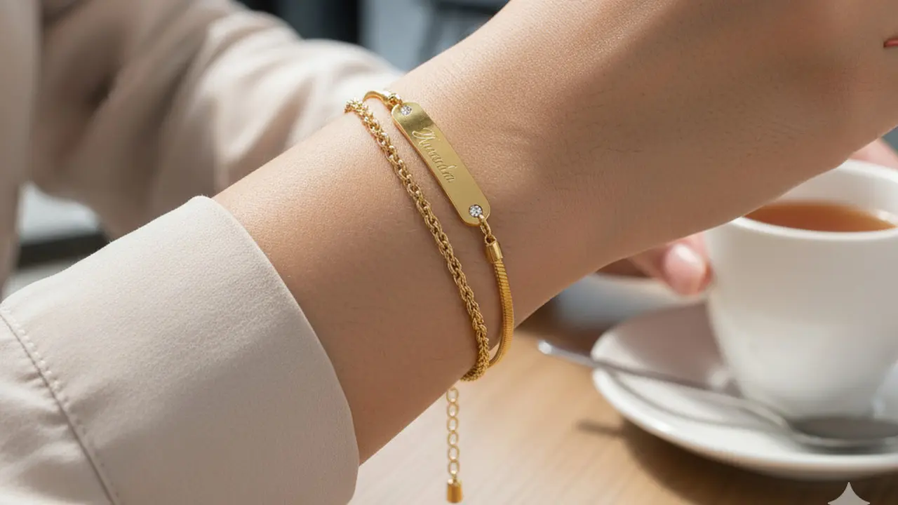 Model Gelang Emas Kombinasi Rantai dan Plate Nama