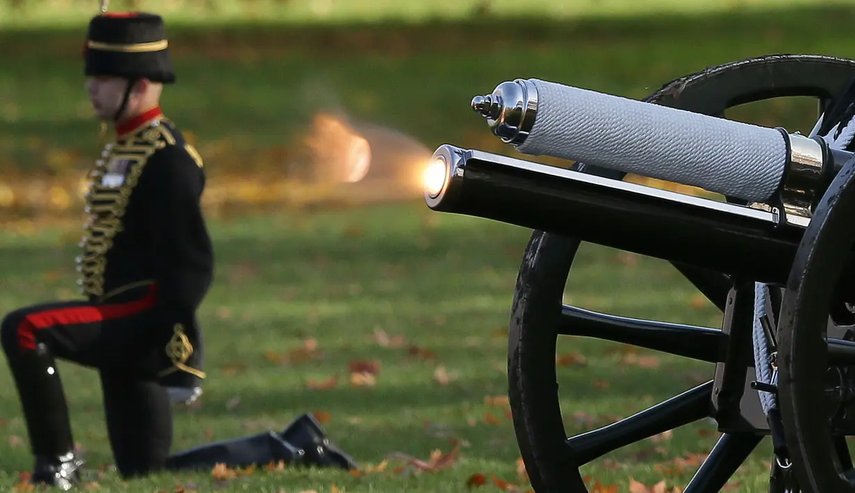 Anggota Raja Pasukan Royal Horse bersiap menembakkan meriam untuk merayakan ulang tahun Pangeran Charles di Green Park, London, Rabu (14/11). Tembakan salvo sebanyak 41 kali tersebut menandai hari ulang tahun Pangeran Charles yang ke-70. (AP/Tim Ireland)