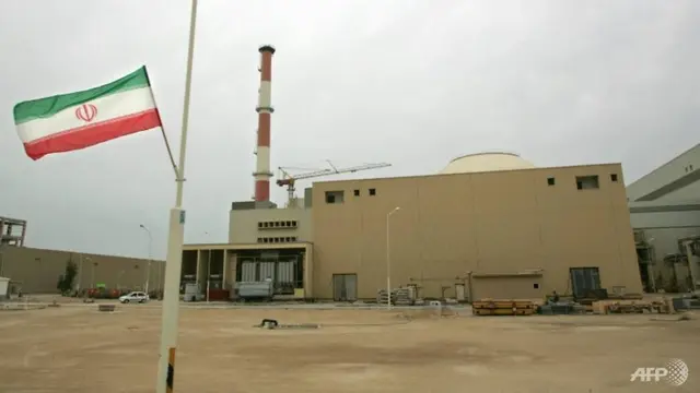 Bendera Iran di luar gedung yang menampung reaktor fasilitas nuklir Bushehr di kota pelabuhan selatan Iran Bushehr pada tahun 2007 AFP / BEHROUZ MEHRI