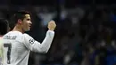 Pemain Real Madrid, Cristiano Ronaldo menjadi top skor sementara liga Champions dengan total 11 gol,  (AFP Photo/Pierre-Philippe Marcou)