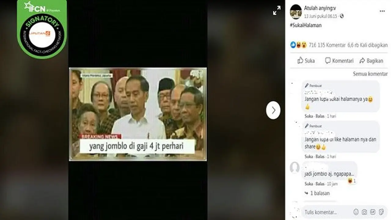 Gambar Tangkapan Layar Kabar Hoaks Tentang Jomblo Digaji 4 Juta Per Hari