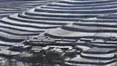 Foto dari udara yang diabadikan pada 7 Desember 2020 ini menunjukkan pemandangan sawah terasering yang tertutup salju di Kota Wuwei, Wilayah Otonom Etnis Tibet Tianzhu, Provinsi Gansu, China barat laut. (Xinhua/Jiang Aiping)
