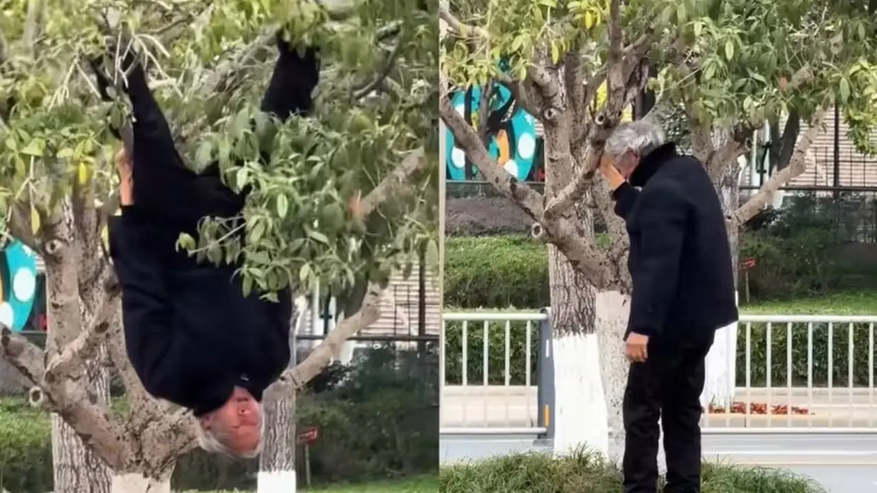 Aksi Kakek Bergelantungan Terbalik di Pohon Seperti Batman, Tuai Decak Kagum