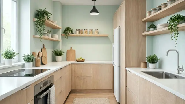 Dapur Hijau Mint dan Kayu Terang