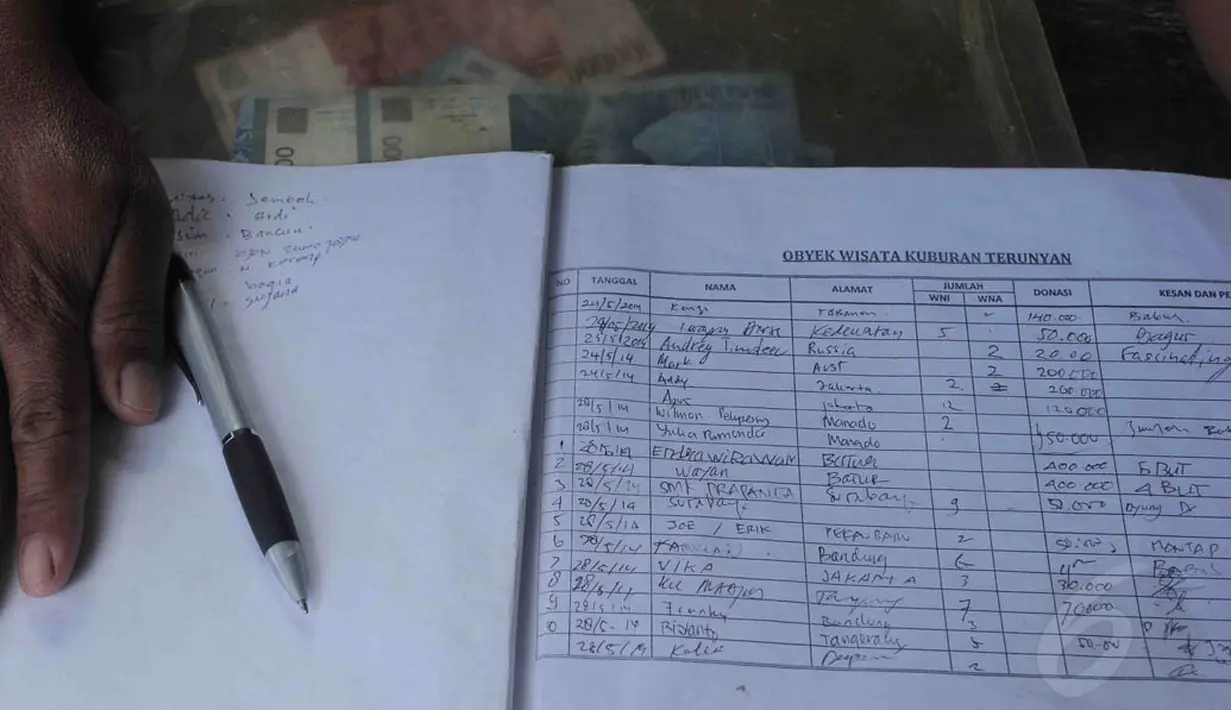 Wisatawan yang datang hanya perlu menulis nama di buku, kemudian memberi sumbangan uang seikhlasnya. (Liputan6.com/Herman Zakharia)