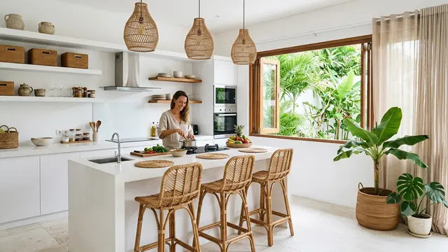 Inspirasi Dapur Bergaya Tropical Minimalist yang Bikin Suasana Masak Terasa Segar Seperti di Resort Model dengan Sentuhan Aksesoris Rotan