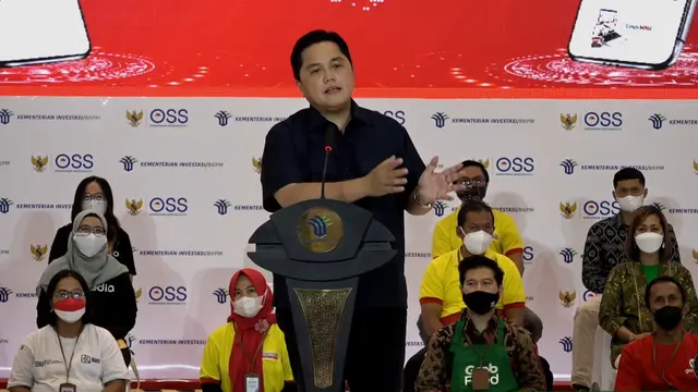Menteri BUMN Erick Thohir saat menghadiri acara Pemberian NIB kepada 550 pelaku UMK di Surakarta, Rabu (6/7/2022).