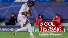Berita video 5 gol terbaik yang tercipta pada perempat final Liga Champions 2020/2021, salah satunya torehan dari Vinicius Junior saat membobol gawang Liverpool.