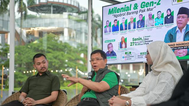 Pelaksana tugas (Plt) Ketua Umum Partai Persatuan Pembangunan (PPP) Muhamad Mardiono saat menghadiri acara ngobrol bareng milenial dan Gen Z, di kawasan Senayan, Jakarta Pusat, Selasa (28/3/2023). (Istimewa)
