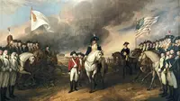 Lukisan karya John Trumbull ini menggambarkan pasukan Mayor Jenderal Inggris Charles Cornwallis (yang tidak hadir pada saat penyerahan diri), menyerah kepada pasukan Prancis dan Amerika setelah Pengepungan Yorktown (28 September-19 Oktober 1781) selama Perang Revolusi Amerika. (Wikimedia Commons/John Trumbull)