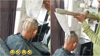 Sebuah video aneh muncul secara online tentang seorang tukang cukur yang sedang memotong rambut pelanggannya menggunakan sekop. (sumber: Instagram/sen_hair_salon)