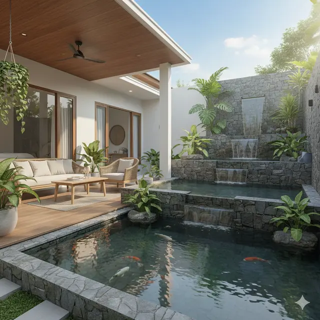 Model Teras Rumah Dekat Kolam Ikan