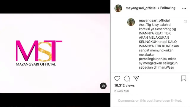 Dihujat Karena Sebut Selingkuh Sebagian dari Iman, Mayangsari Berikan Penjelasan