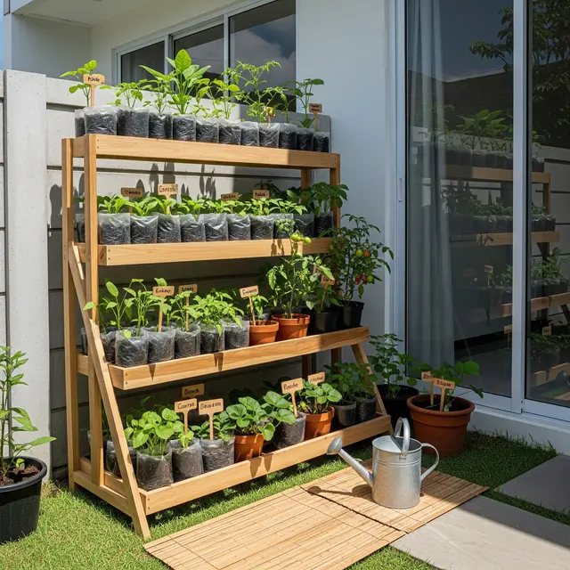 Kebun dapur Rak Kayu Bertingkat (Gemini AI)