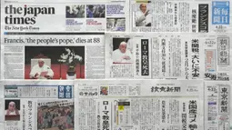 Paus Fransiskus meninggal dunia pada Senin pagi 21 April 2025. Tampak foto yang menunjukkan halaman depan edisi pagi surat kabar utama Jepang yang melaporkan kematian Paus, di Tokyo pada tanggal 22 April 2025. (Kazuhiro NOGI/AFP)