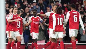 Selebrasi Bukayo Saka dkk. dalam laga Arsenal vs Atletico Madrid di leg kedua semifinal Liga Champions 2025/2026, Rabu (6/5/2026). (AP Photo/Alastair Grant)