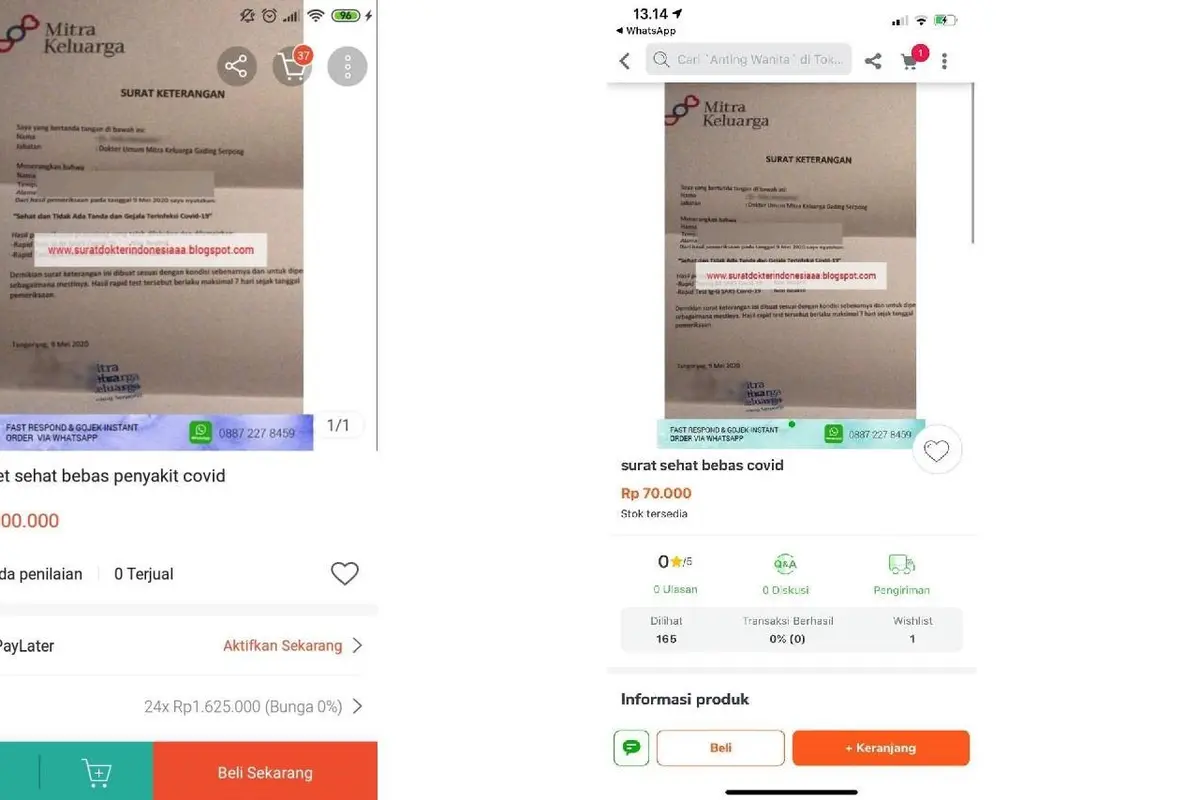 Heboh Surat Sehat Bebas Covid-19 Dijual di e-Commerce