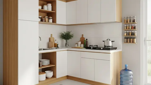Dapur L-Shape Mungil dengan Storage Vertikal