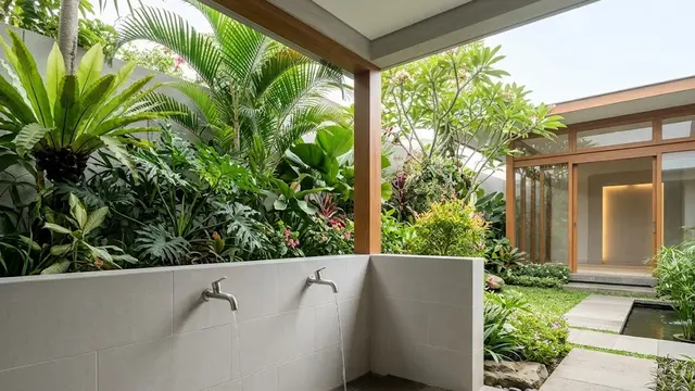 Tempat Wudhu Semi Outdoor dengan Dinding Tanaman