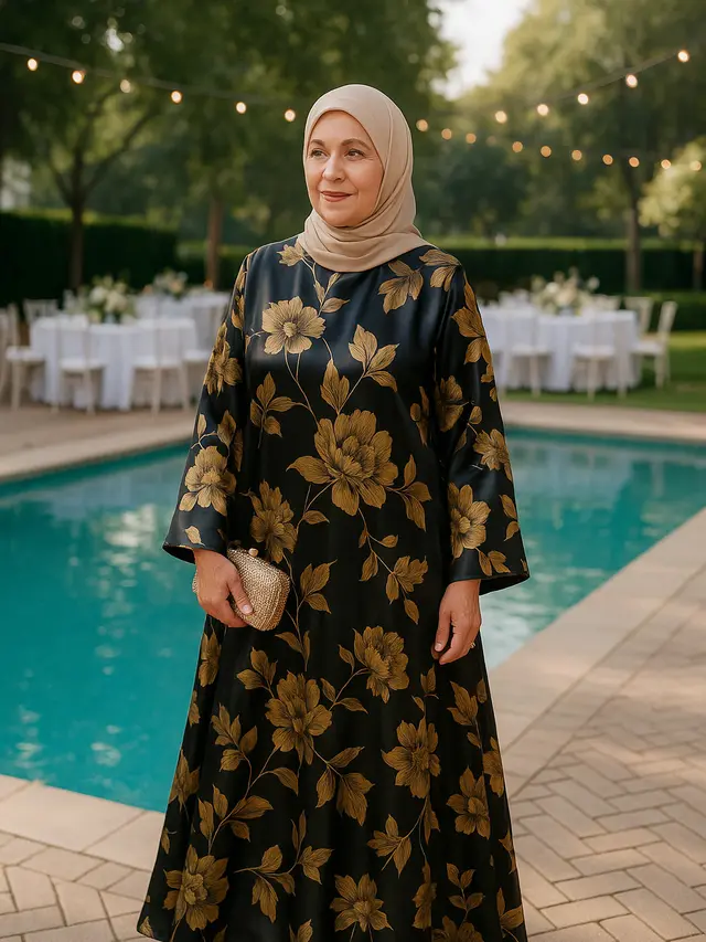 Gamis Abaya Motif Bunga untuk Kondangan Ibu-ibu Usia 50 Tahunan
