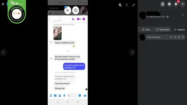 Gambar Tangkapan Layar Klaim Mengonsumsi Hujan Es dapat Meningkatkan Imun Tubuh (sumber: Facebook).