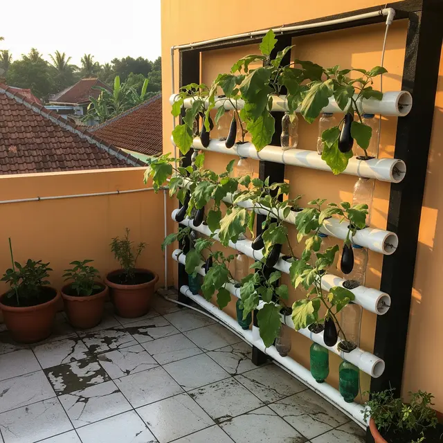 Ide Kebun Terong Vertikal dari Botol Plastik di Teras Rumah