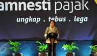 Menteri Keuangan Sri Mulyani memberikan sambutan saat farewell atau perpisahan dengan program pengampunan pajak atau tax amnesty di Jakarta, Selasa (28/2). Penerimaan tax amnesty hingga hari ini telah mencapai Rp 112 triliun.(Liputan6.com/Angga Yuniar) 