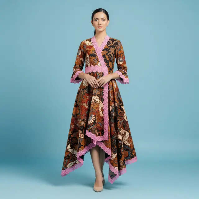 9 Dress Batik Kombinasi Brokat Asimetris Lengan Pendek, Inovasi Gaya Anggun
