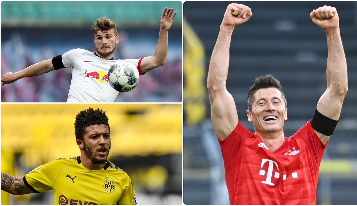 Striker Bayern Munchen, Robert Lewandowski, masih tetap berada di puncak top scorer Bundesliga di pekan ke-28, disusul pemain RB Leipzig, Timo Werner dengan torehan 24 gol. Berikut top scorer sementara Bundesliga 2019/2020. (kolase foto AFP)