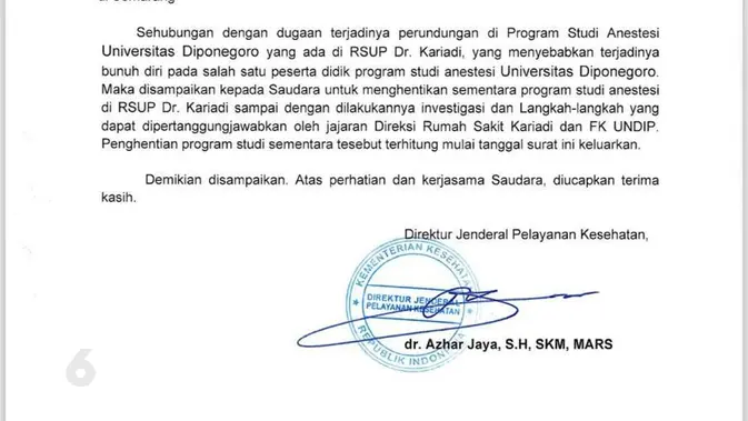 <p>Surat Kemenkes yang meminta Program Studi Anestesi Fakultas Kedokteran Undip dihentikan karena ditemukan perundungan yang berujung bunuh diri seorang mahasiswi. Foto: liputan6.com/edhie prayitno ige </p>