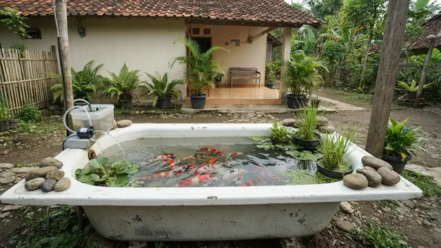 Ide Kolam Mini dari Barang Bekas Model Pemanfaatan Wadah Bathub Kamar Mandi yang Lama Tidak Terpakai