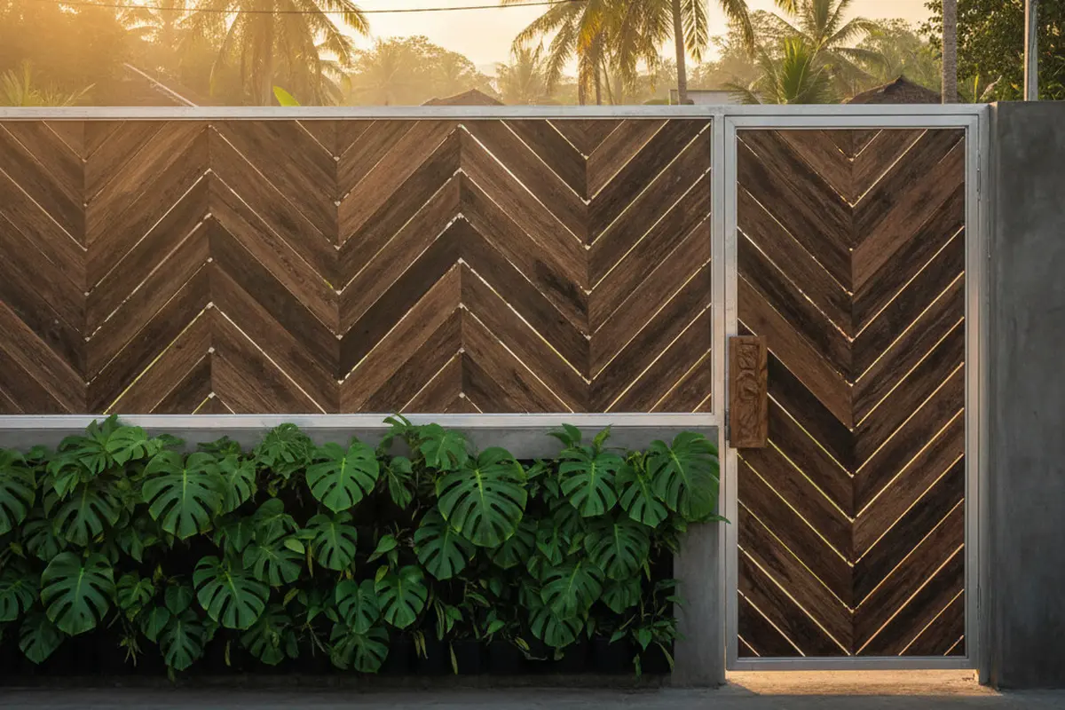 Model Pagar Rumah Ramah Lingkungan dari Kayu Daur Ulang Modern. AI