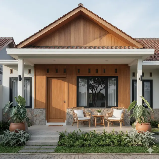 Model Rumah Kecil Tapi Luas dengan Tanaman Daun Lebar di Teras Depan